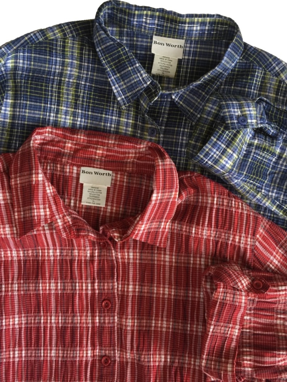 2 BONWORTH BUTTON UP SHIRT WOMENS XL RED BLUE PLAID ROLL TAB LONG SLEEVE STRETCH